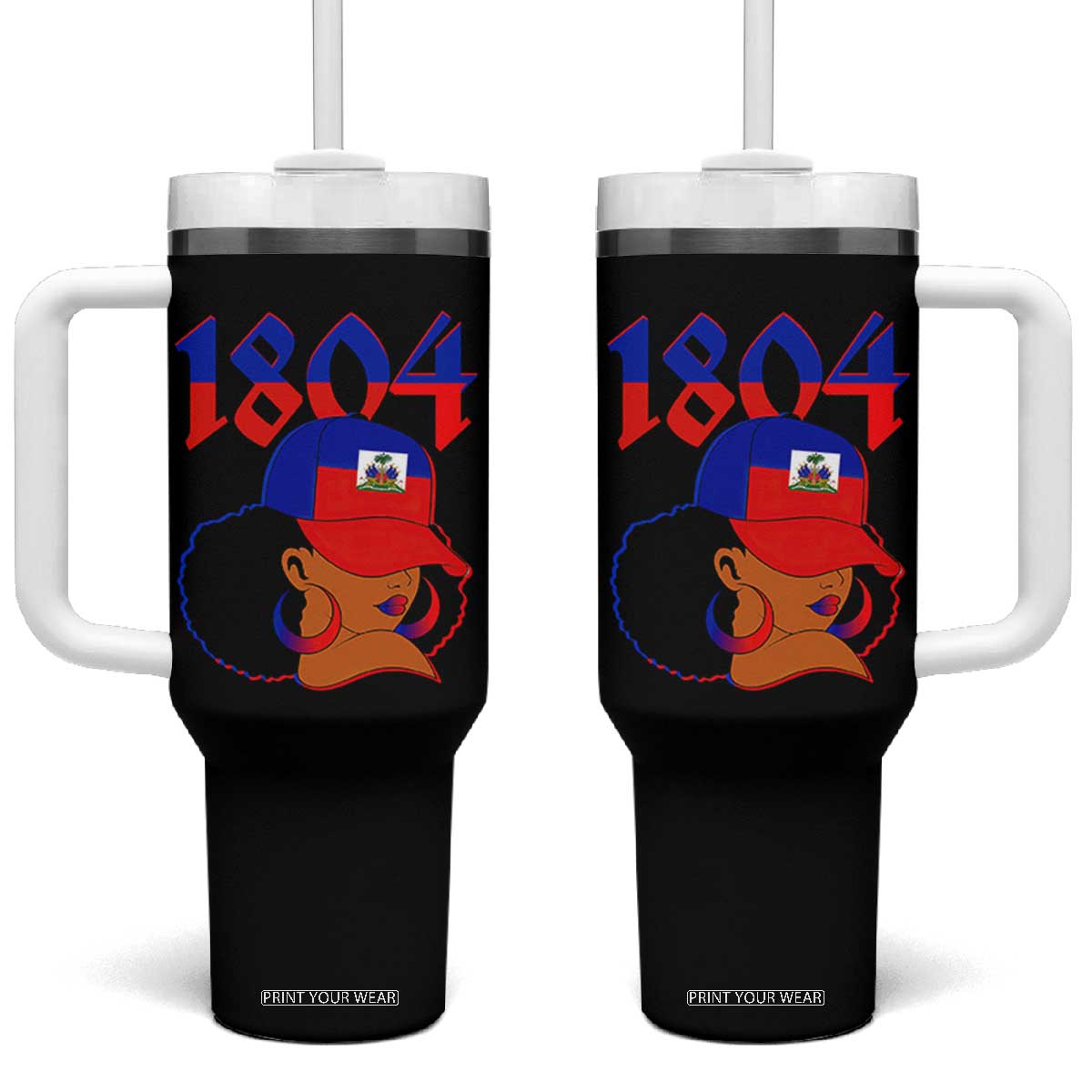 Haiti 1804 Curly Afro Queen Hoop Earrings Style Graphic Tumbler With Handle Haitian Heritage Pride TS02 One Size: 40 oz Black Print Your Wear