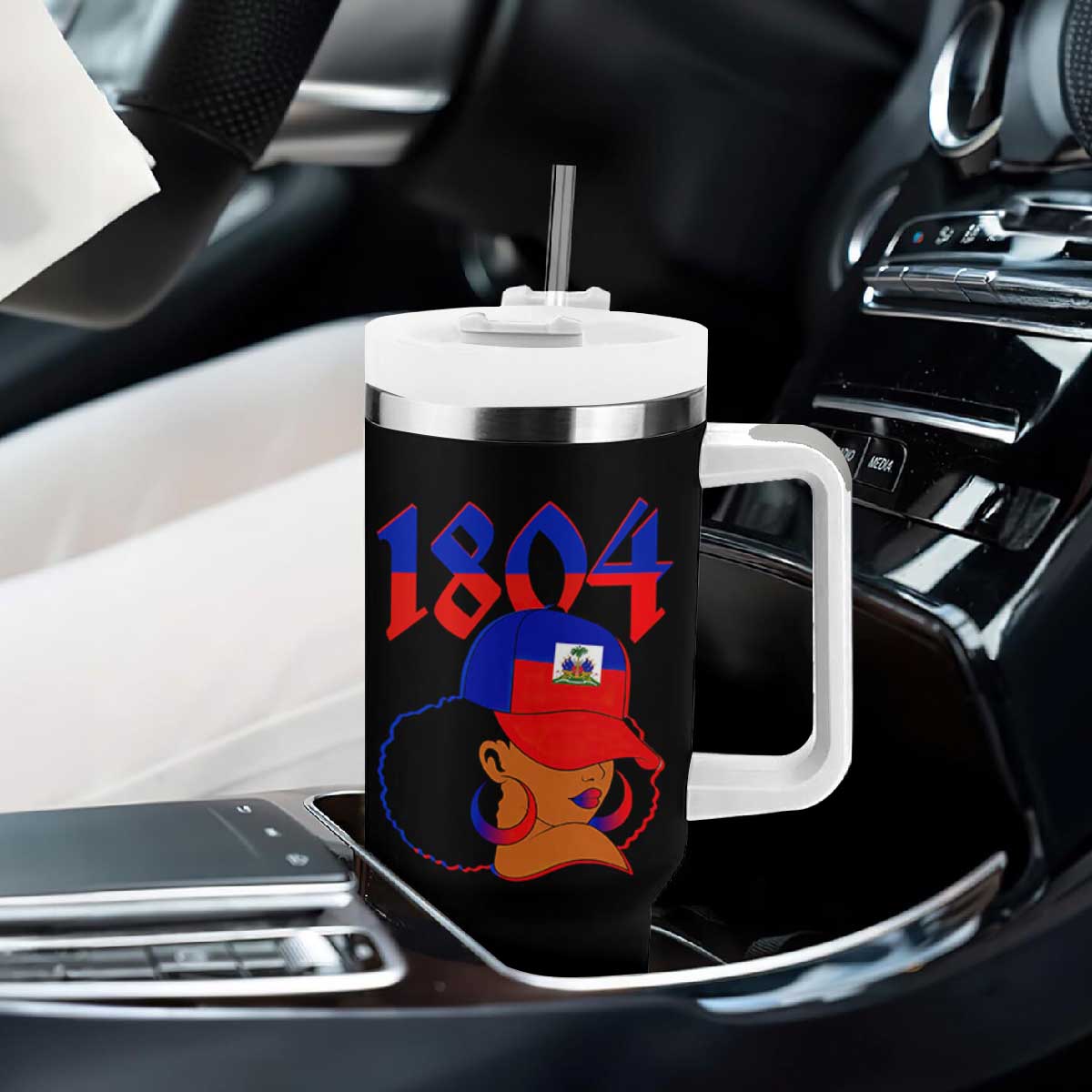 Haiti 1804 Curly Afro Queen Hoop Earrings Style Graphic Tumbler With Handle Haitian Heritage Pride TS02 Print Your Wear