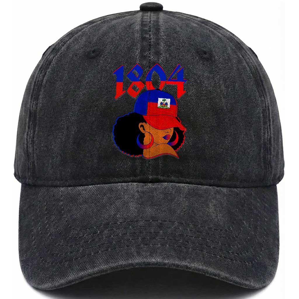 Haiti 1804 Curly Afro Queen Hoop Earrings Style Graphic Washed Cotton Baseball Cap Haitian Heritage Pride TS02 Print Your Wear