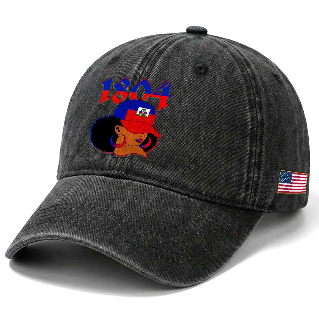 Haiti 1804 Curly Afro Queen Hoop Earrings Style Graphic Washed Cotton Baseball Cap Haitian Heritage Pride TS02 Print Your Wear