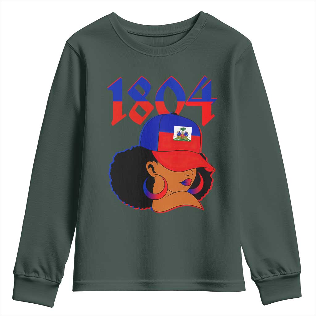 Haiti 1804 Curly Afro Queen Hoop Earrings Style Graphic Youth Sweatshirt Haitian Heritage Pride TS02 Dark Forest Green Print Your Wear