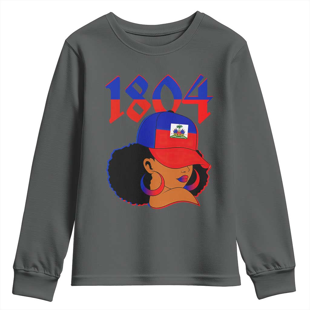 Haiti 1804 Curly Afro Queen Hoop Earrings Style Graphic Youth Sweatshirt Haitian Heritage Pride TS02 Dark Heather Print Your Wear