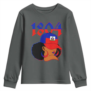 Haiti 1804 Curly Afro Queen Hoop Earrings Style Graphic Youth Sweatshirt Haitian Heritage Pride TS02 Dark Heather Print Your Wear