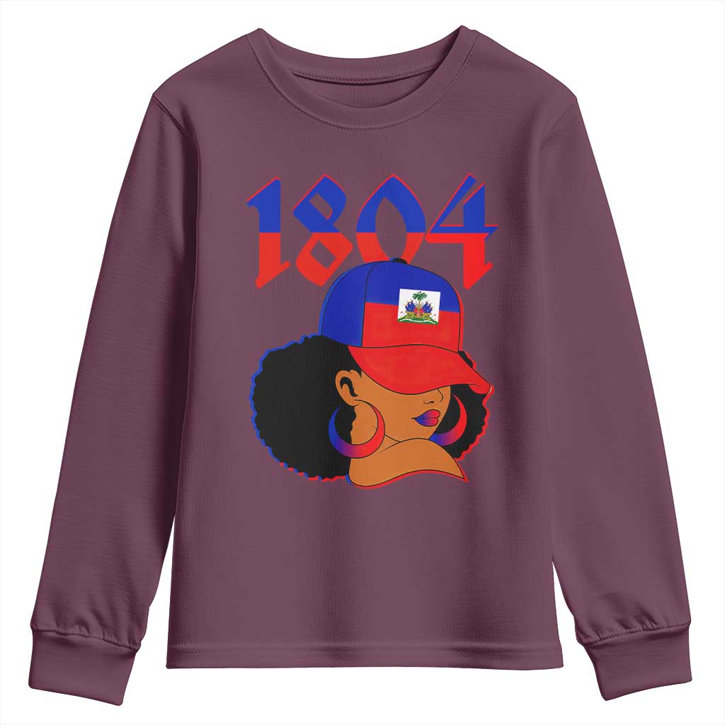 Haiti 1804 Curly Afro Queen Hoop Earrings Style Graphic Youth Sweatshirt Haitian Heritage Pride TS02 Maroon Print Your Wear
