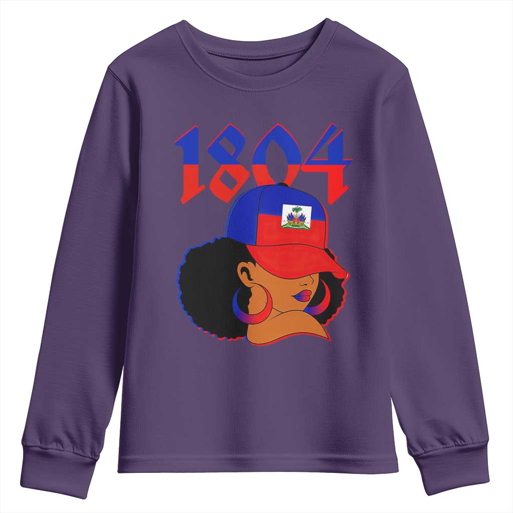 Haiti 1804 Curly Afro Queen Hoop Earrings Style Graphic Youth Sweatshirt Haitian Heritage Pride TS02 Purple Print Your Wear