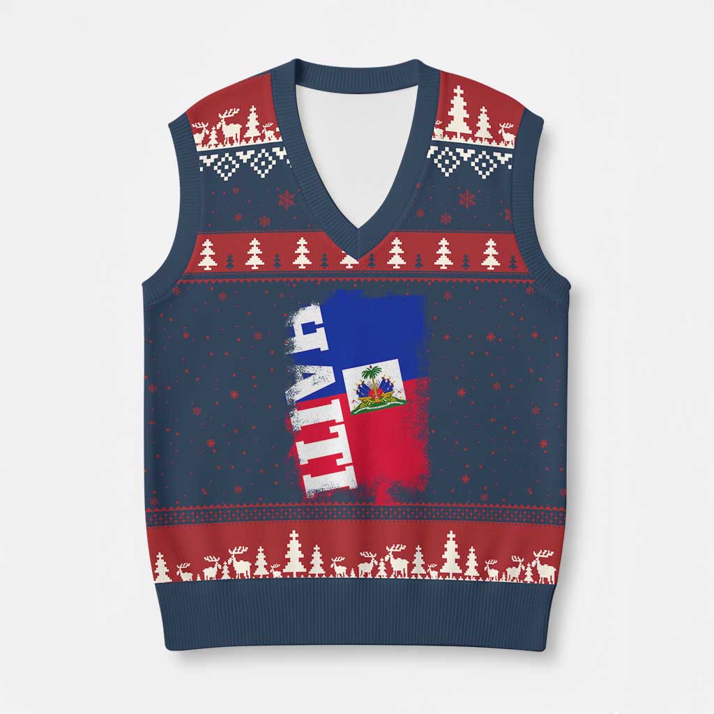 Haiti Flag Distressed Flag Graphic V-Neck Knit Sweater Vest Haitian Heritage Pride TS02 Navy Red Print Your Wear