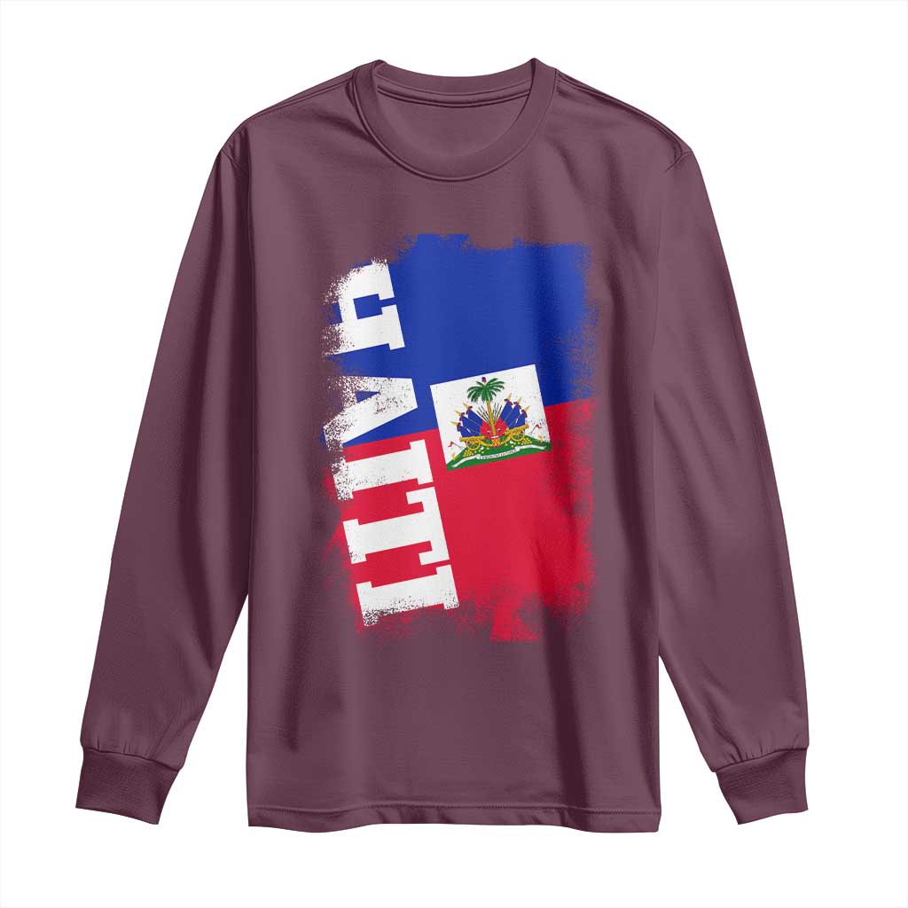 Haiti Flag Distressed Flag Graphic Long Sleeve Shirt Haitian Heritage Pride TS02 Maroon Print Your Wear