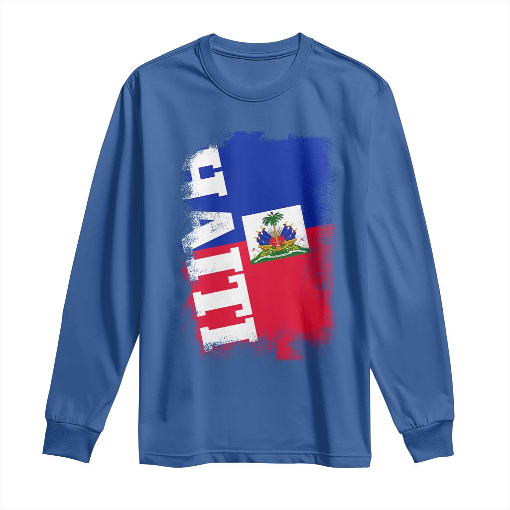 Haiti Flag Distressed Flag Graphic Long Sleeve Shirt Haitian Heritage Pride TS02 Royal Blue Print Your Wear