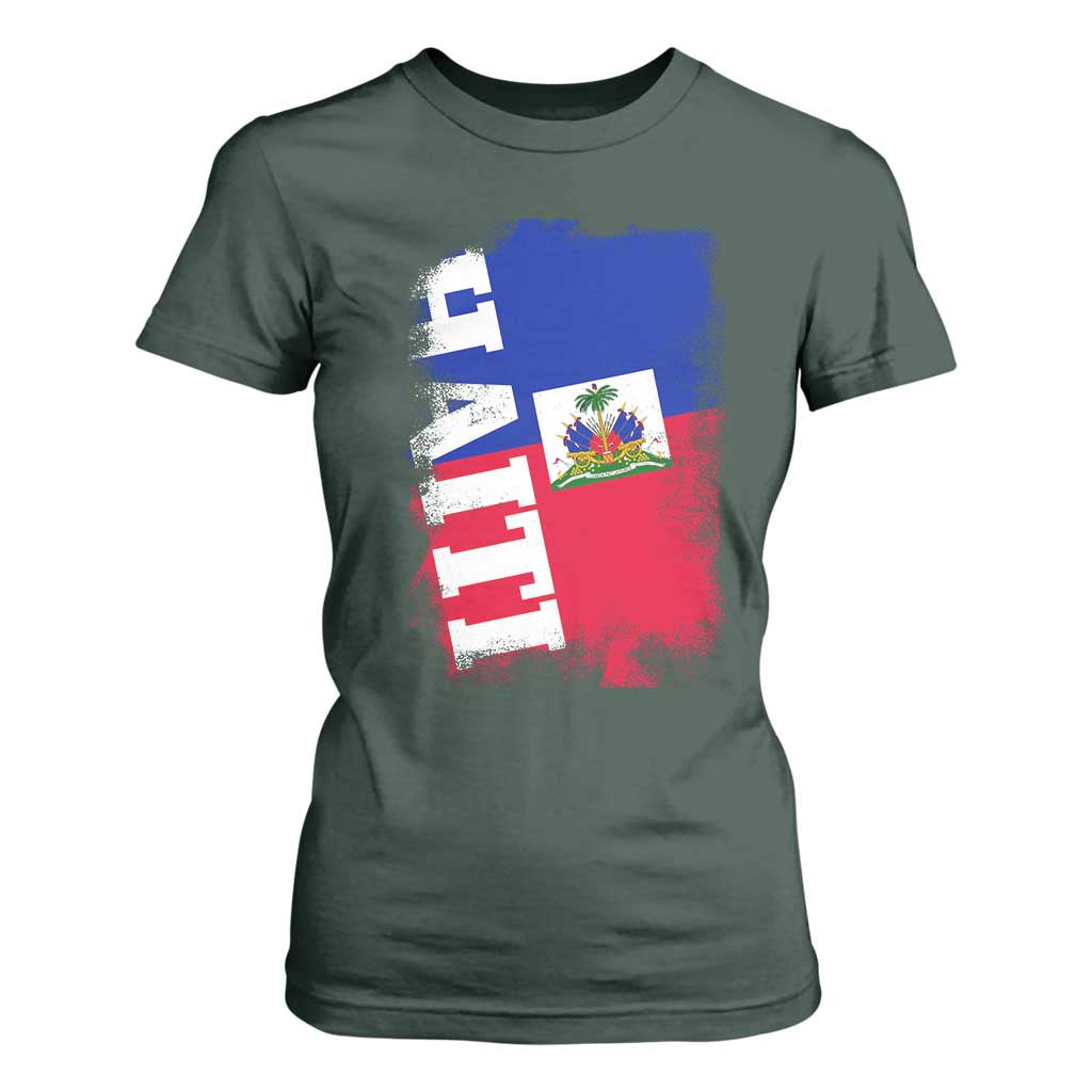 Haiti Flag Distressed Flag Graphic T Shirt For Women Haitian Heritage Pride TS02 Dark Forest Green Print Your Wear