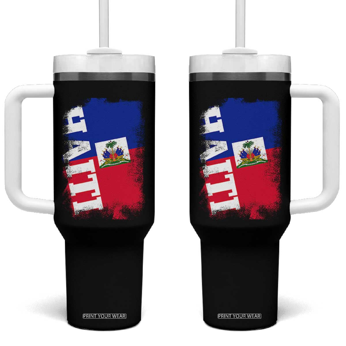 Haiti Flag Distressed Flag Graphic Tumbler With Handle Haitian Heritage Pride TS02 One Size: 40 oz Black Print Your Wear