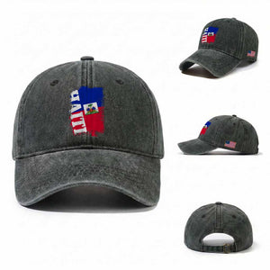 Haiti Flag Distressed Flag Graphic Washed Cotton Baseball Cap Haitian Heritage Pride TS02 Washed Cap Universal Fit Dark Green Print Your Wear
