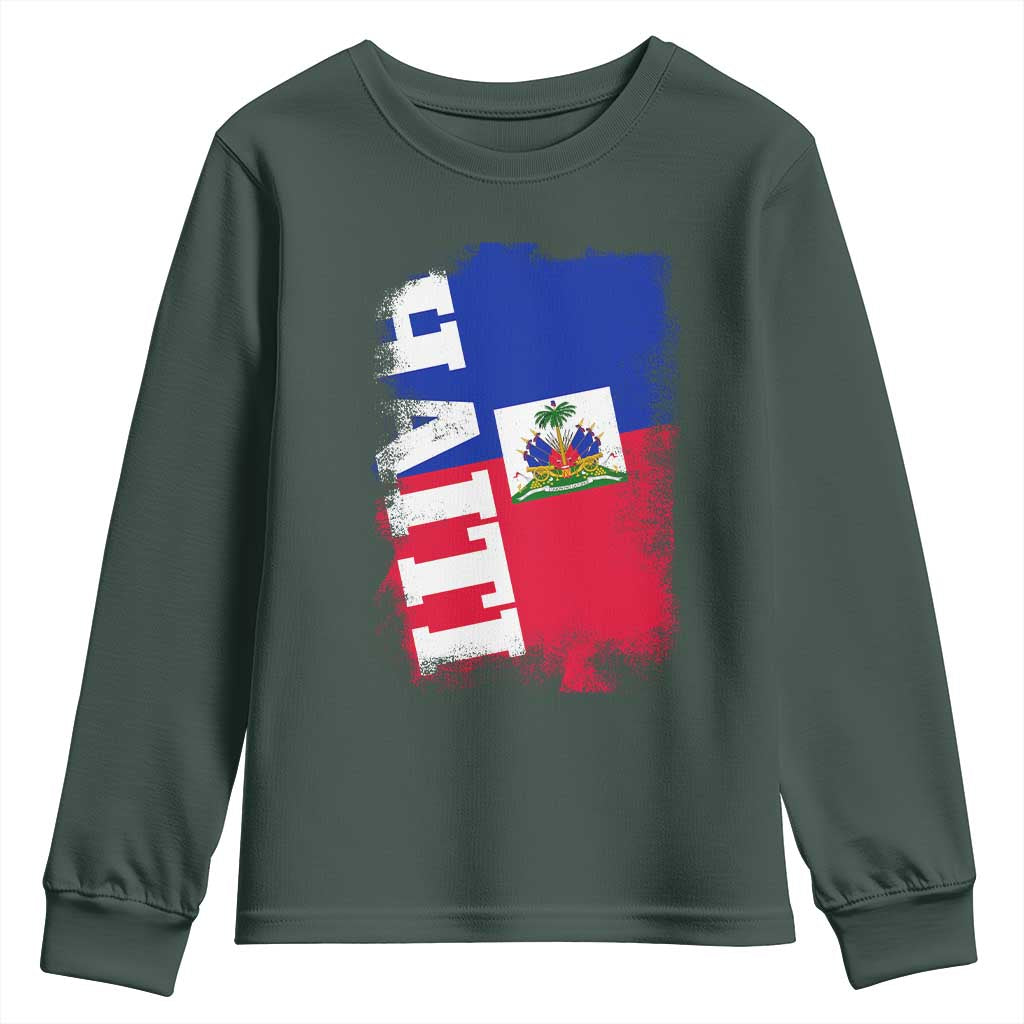 Haiti Flag Distressed Flag Graphic Youth Sweatshirt Haitian Heritage Pride TS02 Dark Forest Green Print Your Wear