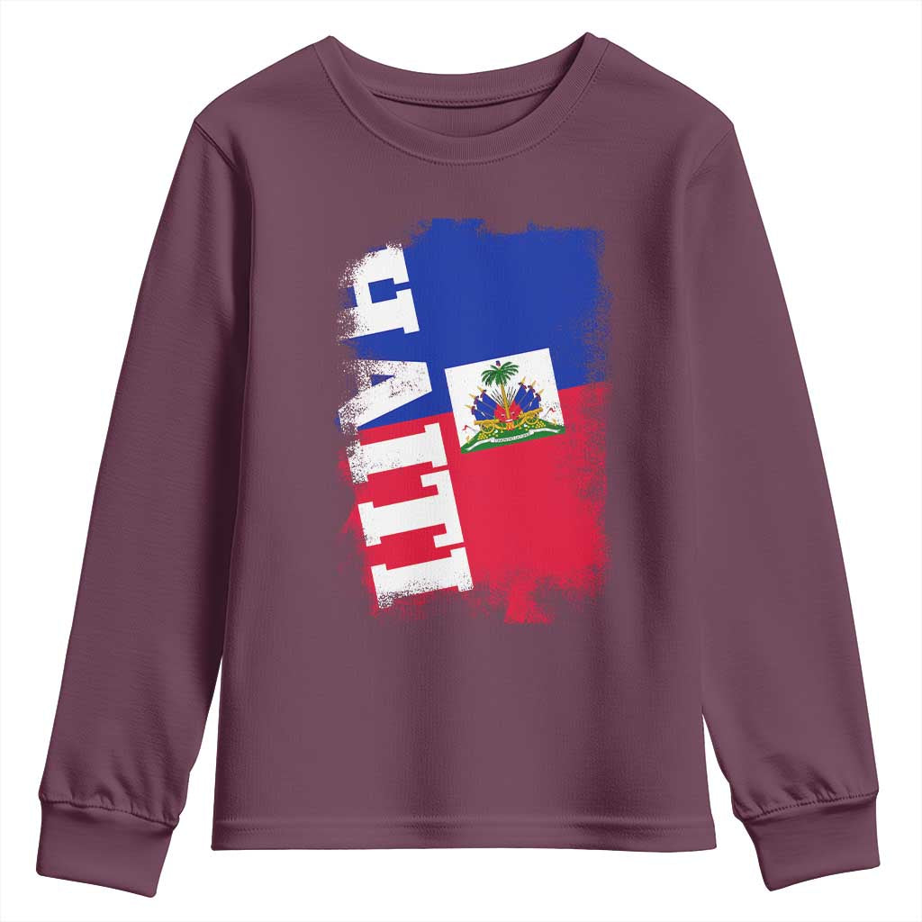 Haiti Flag Distressed Flag Graphic Youth Sweatshirt Haitian Heritage Pride TS02 Maroon Print Your Wear