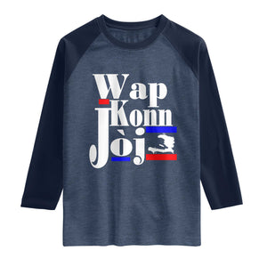 Wap Konn Joj Funny Haitian Creole Idiom Saying Raglan Shirt Haiti Heritage Pride TS02 Heather Denim Navy Print Your Wear