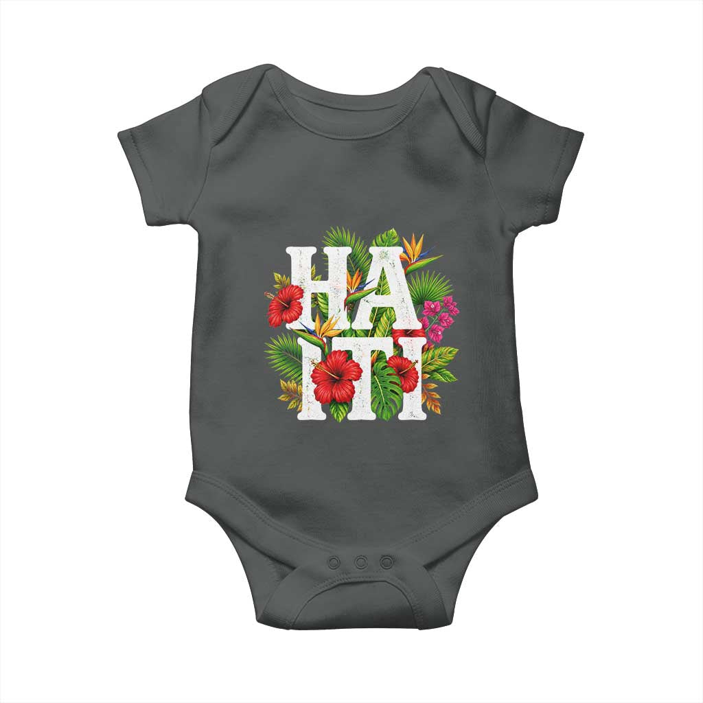 Haiti Tropical Floral Hibiscus Palm Leaves Island Graphic Baby Onesie Haitian Heritage Pride TS02 Dark Heather Print Your Wear