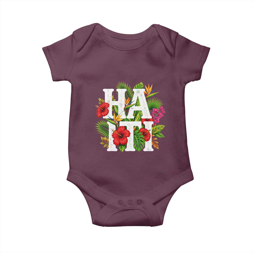 Haiti Tropical Floral Hibiscus Palm Leaves Island Graphic Baby Onesie Haitian Heritage Pride TS02 Maroon Print Your Wear
