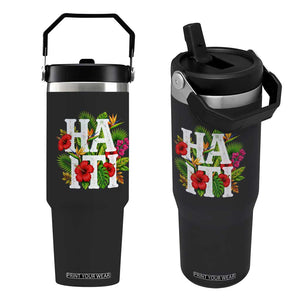 Haiti Tropical Floral Hibiscus Palm Leaves Island Graphic Flip Straw Tumbler Haitian Heritage Pride TS02 One Size: 30 oz Black Print Your Wear