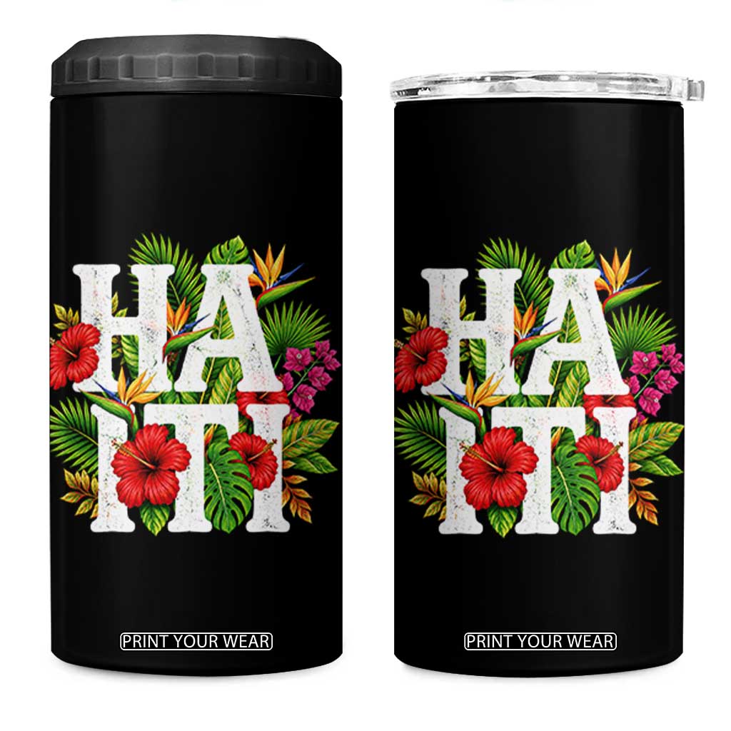 Haiti Tropical Floral Hibiscus Palm Leaves Island Graphic 4 in 1 Can Cooler Tumbler Haitian Heritage Pride TS02 One Size: 16 oz Black Print Your Wear