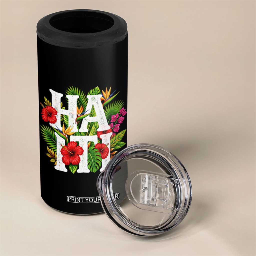 Haiti Tropical Floral Hibiscus Palm Leaves Island Graphic 4 in 1 Can Cooler Tumbler Haitian Heritage Pride TS02 Print Your Wear