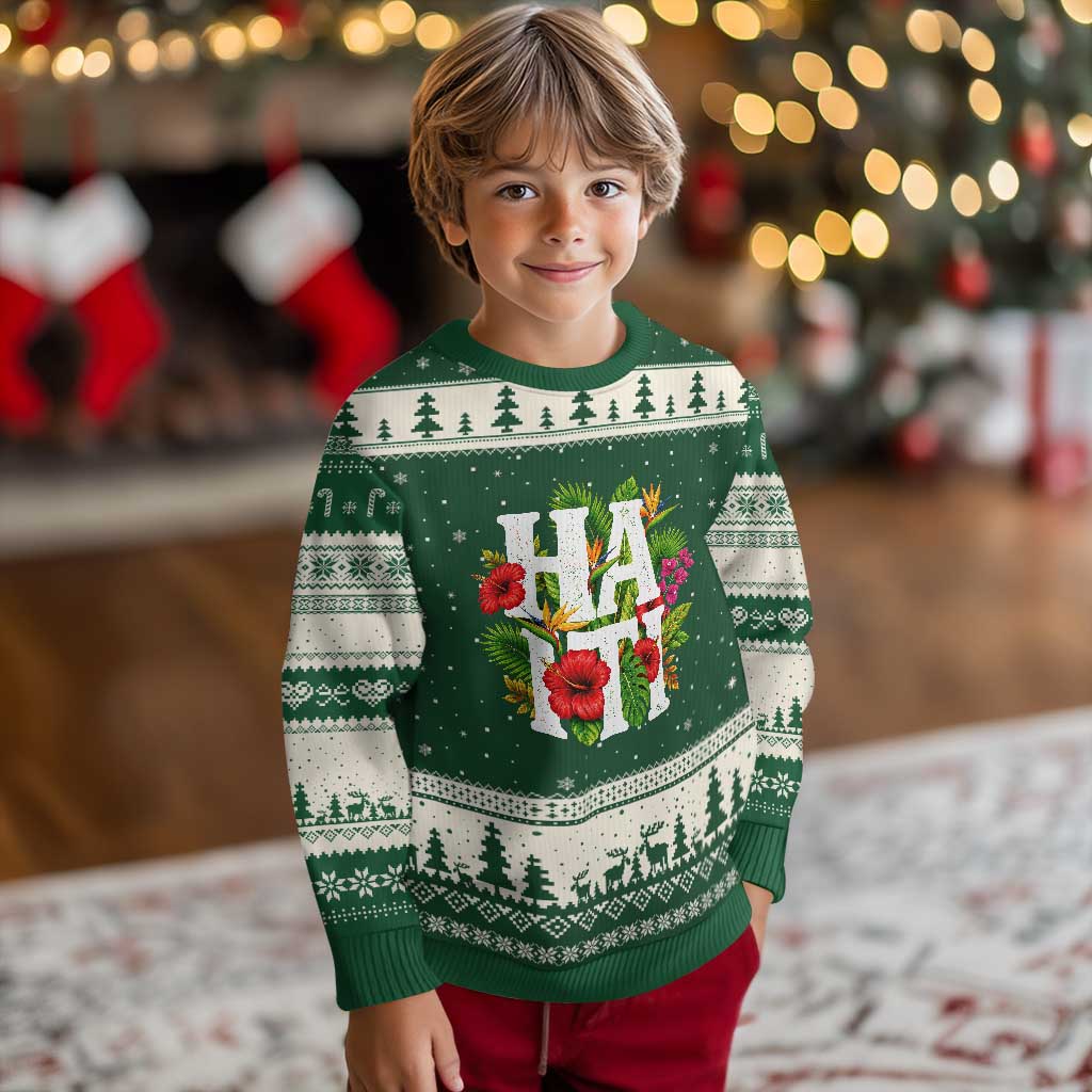 Haiti Tropical Floral Hibiscus Palm Leaves Island Graphic Ugly Christmas Sweater Haitian Heritage Pride TS02 Forest Green Beige Print Your Wear