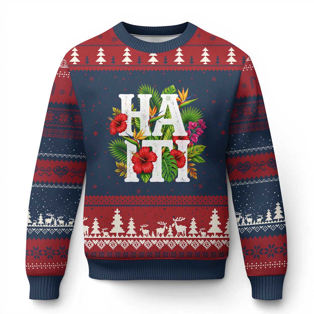 Haiti Tropical Floral Hibiscus Palm Leaves Island Graphic Ugly Christmas Sweater Haitian Heritage Pride TS02 Navy Red Print Your Wear