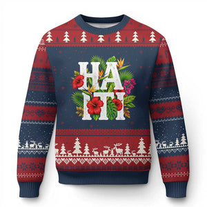 Haiti Tropical Floral Hibiscus Palm Leaves Island Graphic Ugly Christmas Sweater Haitian Heritage Pride TS02 Navy Red Print Your Wear