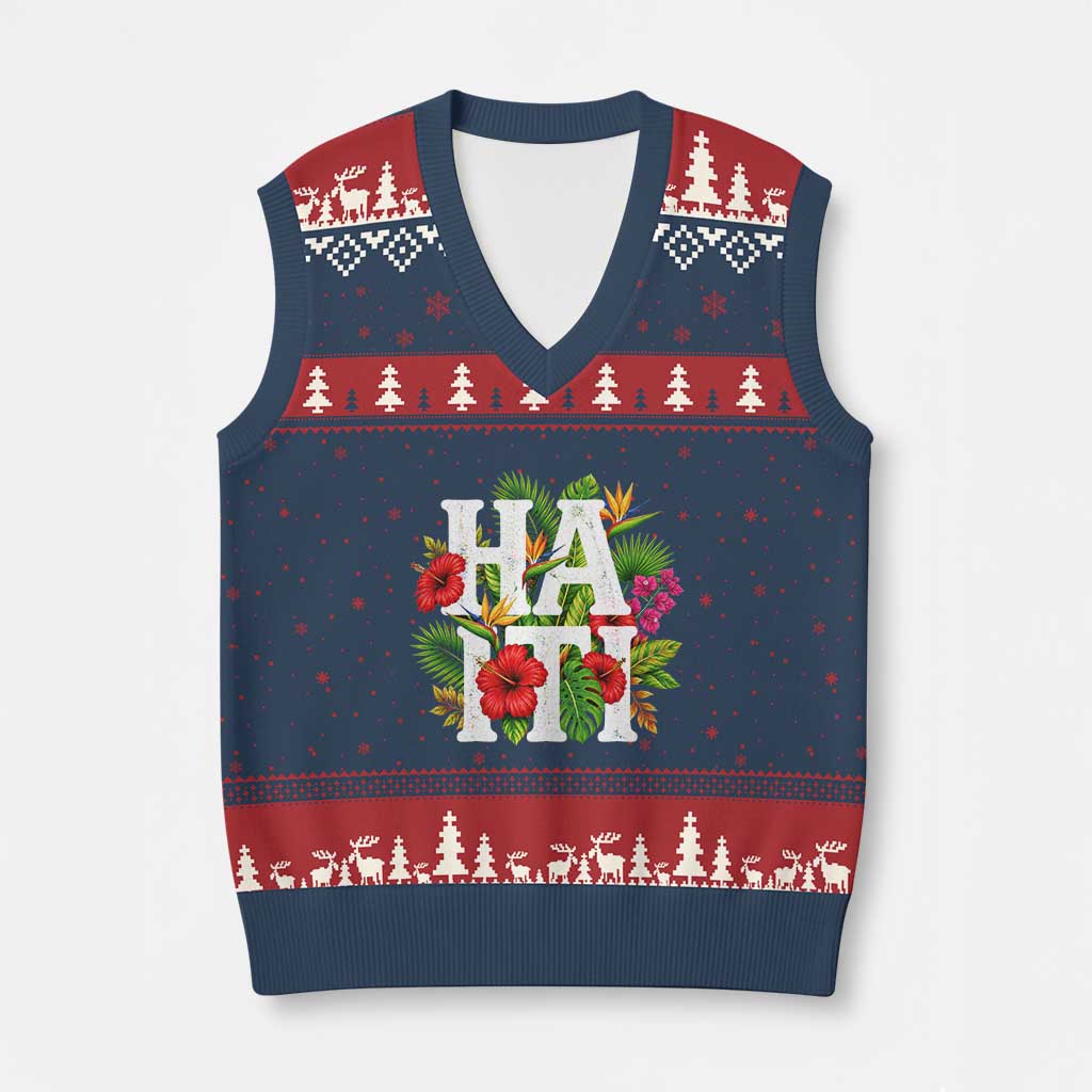 Haiti Tropical Floral Hibiscus Palm Leaves Island Graphic V-Neck Knit Sweater Vest Haitian Heritage Pride TS02 Navy Red Print Your Wear