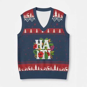 Haiti Tropical Floral Hibiscus Palm Leaves Island Graphic V-Neck Knit Sweater Vest Haitian Heritage Pride TS02 Navy Red Print Your Wear