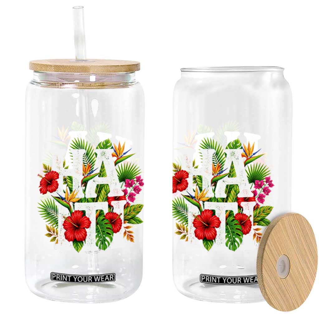 Haiti Tropical Floral Hibiscus Palm Leaves Island Graphic Glass Can Haitian Heritage Pride TS02 Print Your Wear