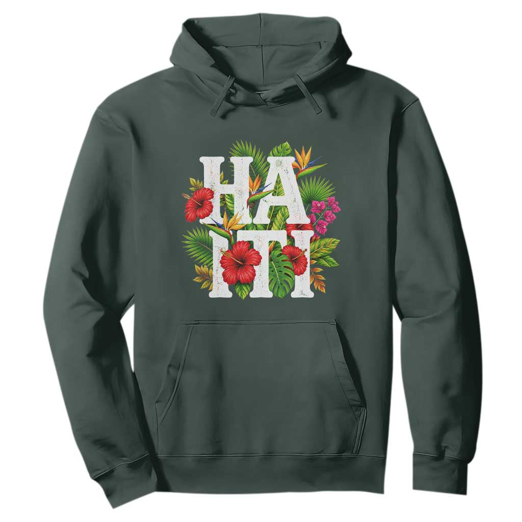Haiti Tropical Floral Hibiscus Palm Leaves Island Graphic Hoodie Haitian Heritage Pride TS02 Dark Forest Green Print Your Wear
