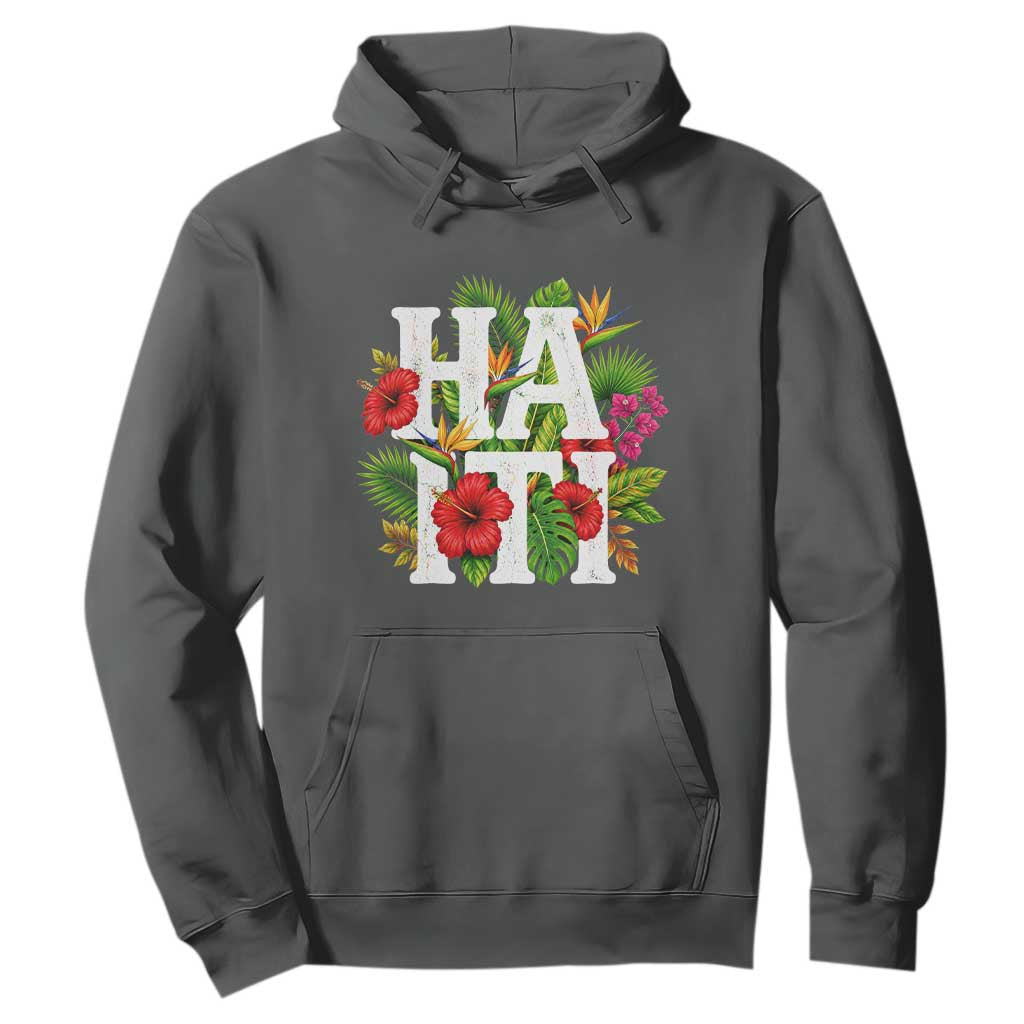 Haiti Tropical Floral Hibiscus Palm Leaves Island Graphic Hoodie Haitian Heritage Pride TS02 Dark Heather Print Your Wear