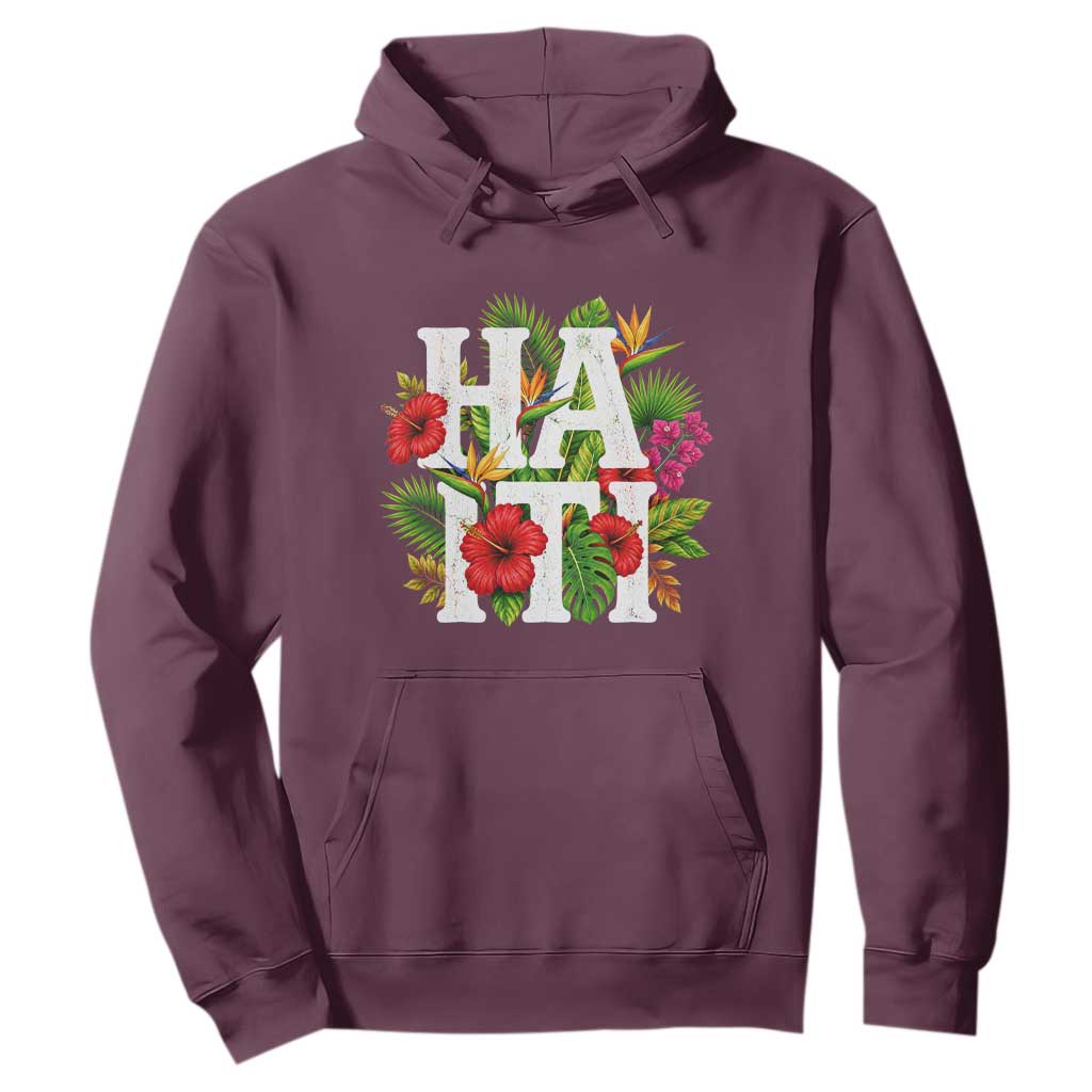 Haiti Tropical Floral Hibiscus Palm Leaves Island Graphic Hoodie Haitian Heritage Pride TS02 Maroon Print Your Wear