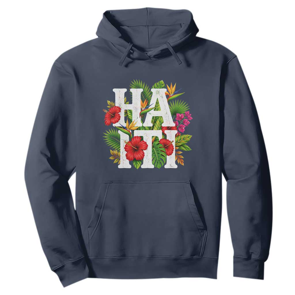 Haiti Tropical Floral Hibiscus Palm Leaves Island Graphic Hoodie Haitian Heritage Pride TS02 Navy Print Your Wear