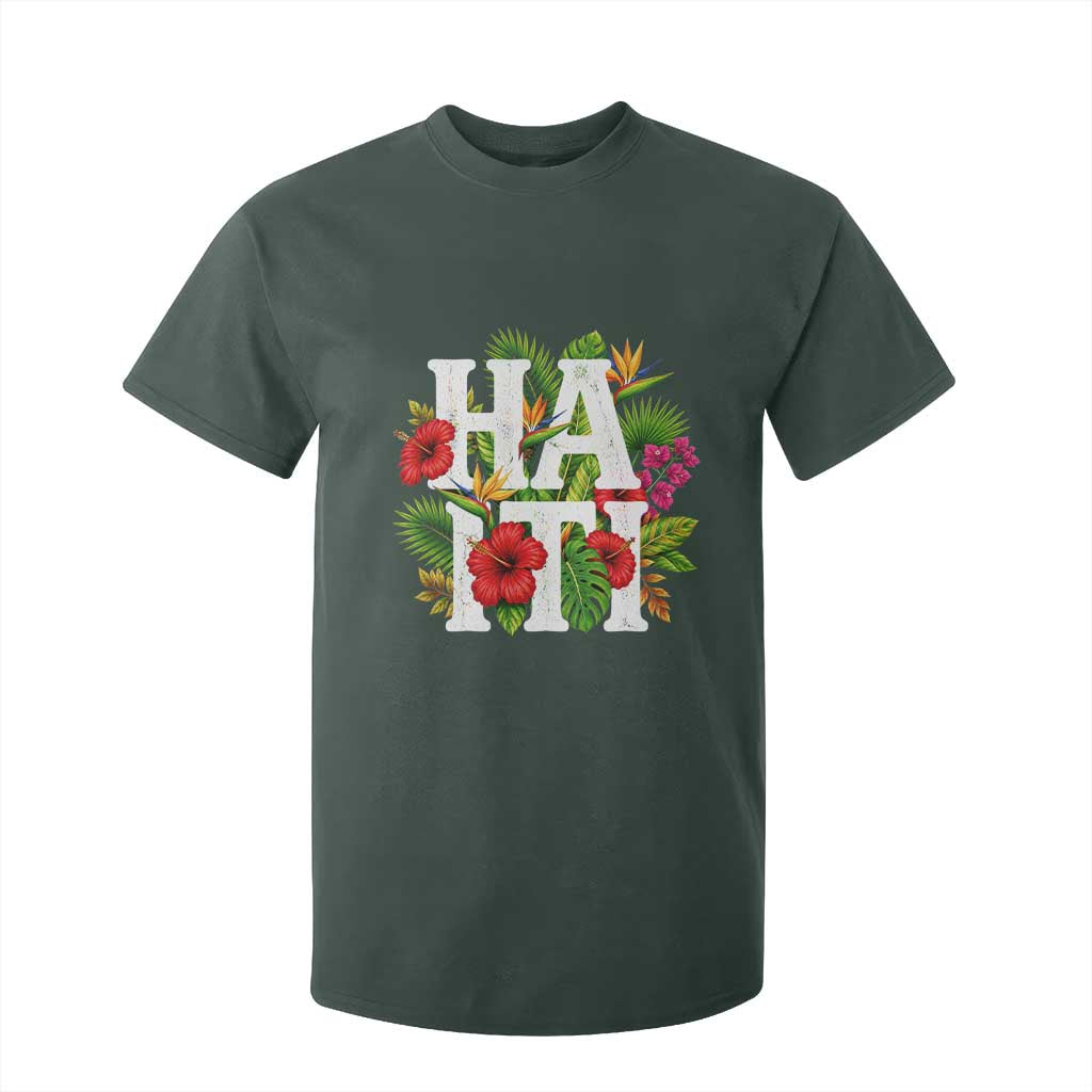 Haiti Tropical Floral Hibiscus Palm Leaves Island Graphic T Shirt For Kid Haitian Heritage Pride TS02 Dark Forest Green Print Your Wear