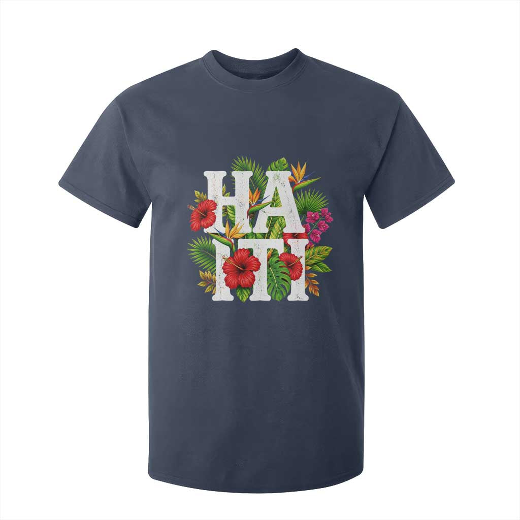 Haiti Tropical Floral Hibiscus Palm Leaves Island Graphic T Shirt For Kid Haitian Heritage Pride TS02 Navy Print Your Wear