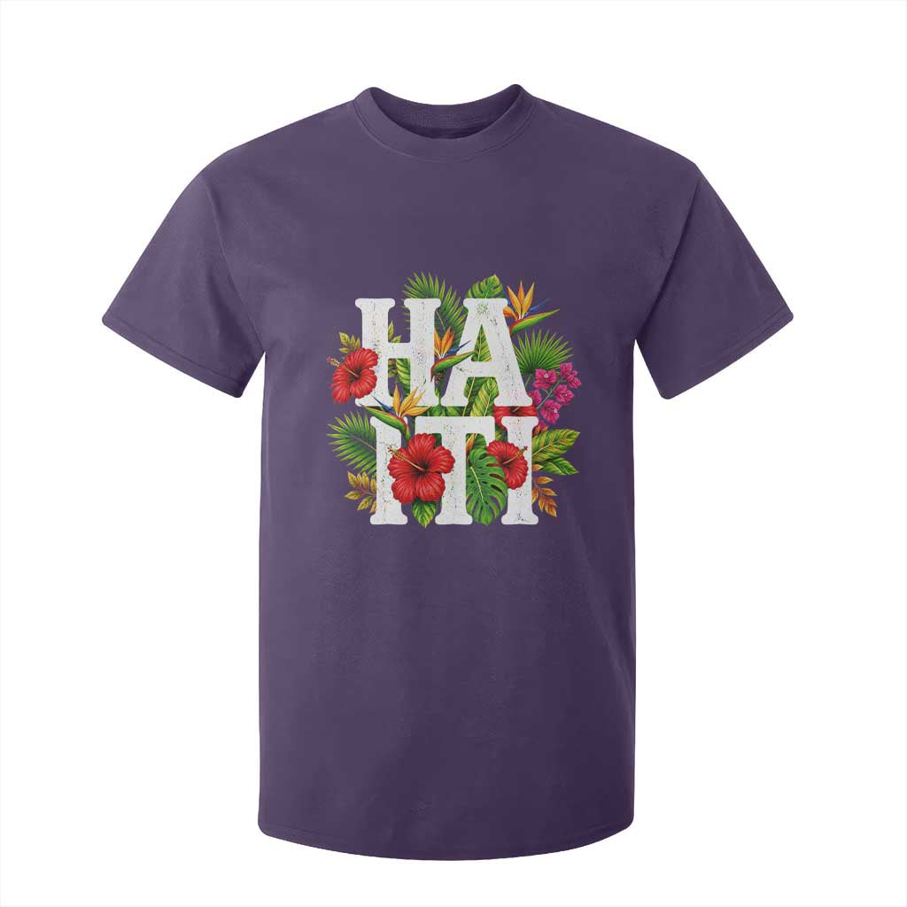 Haiti Tropical Floral Hibiscus Palm Leaves Island Graphic T Shirt For Kid Haitian Heritage Pride TS02 Purple Print Your Wear