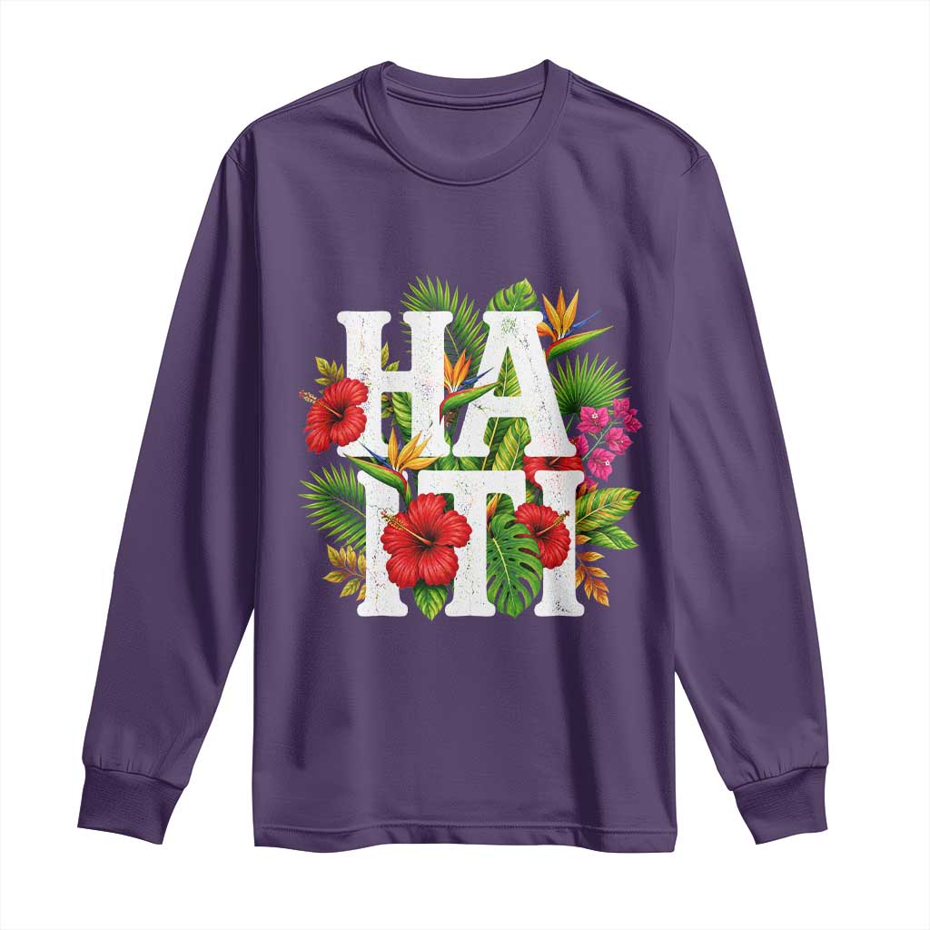 Haiti Tropical Floral Hibiscus Palm Leaves Island Graphic Long Sleeve Shirt Haitian Heritage Pride TS02 Purple Print Your Wear