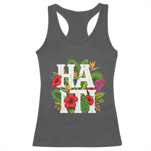 Haiti Tropical Floral Hibiscus Palm Leaves Island Graphic Racerback Tank Top Haitian Heritage Pride TS02 Dark Heather Print Your Wear