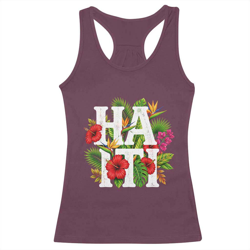 Haiti Tropical Floral Hibiscus Palm Leaves Island Graphic Racerback Tank Top Haitian Heritage Pride TS02 Maroon Print Your Wear