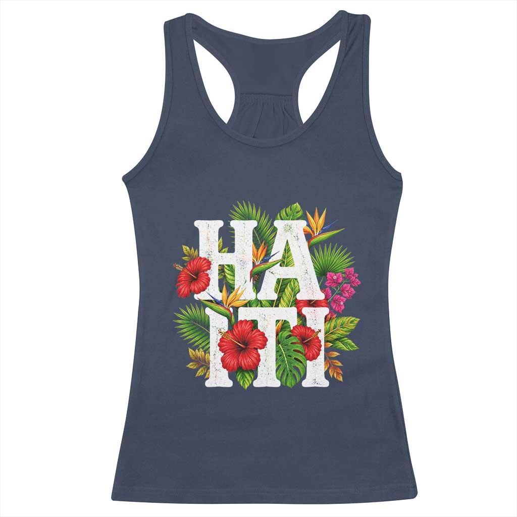 Haiti Tropical Floral Hibiscus Palm Leaves Island Graphic Racerback Tank Top Haitian Heritage Pride TS02 Navy Print Your Wear