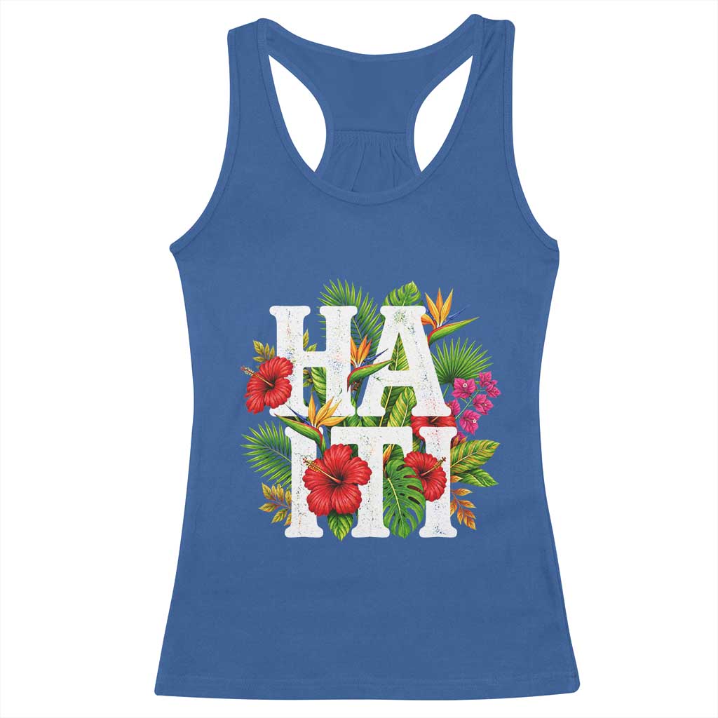 Haiti Tropical Floral Hibiscus Palm Leaves Island Graphic Racerback Tank Top Haitian Heritage Pride TS02 Royal Blue Print Your Wear