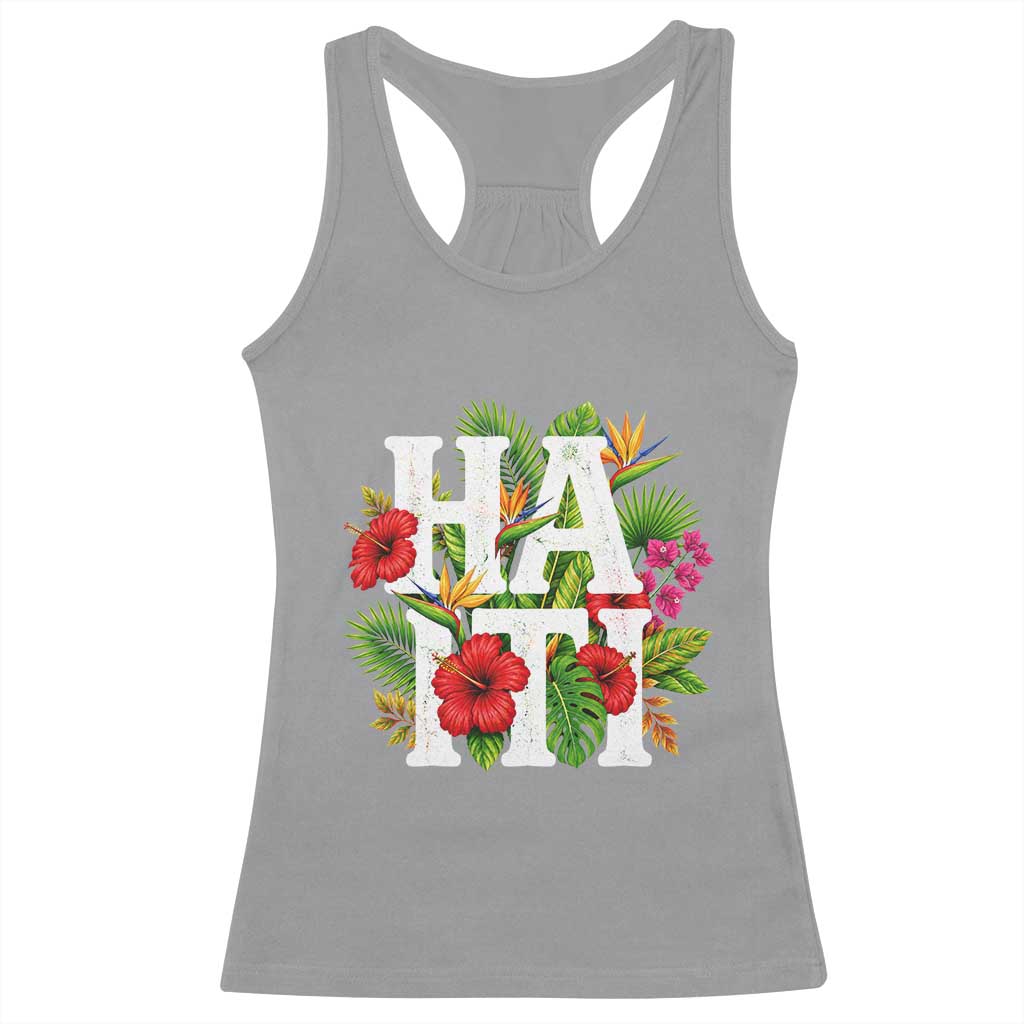 Haiti Tropical Floral Hibiscus Palm Leaves Island Graphic Racerback Tank Top Haitian Heritage Pride TS02 Sport Gray Print Your Wear