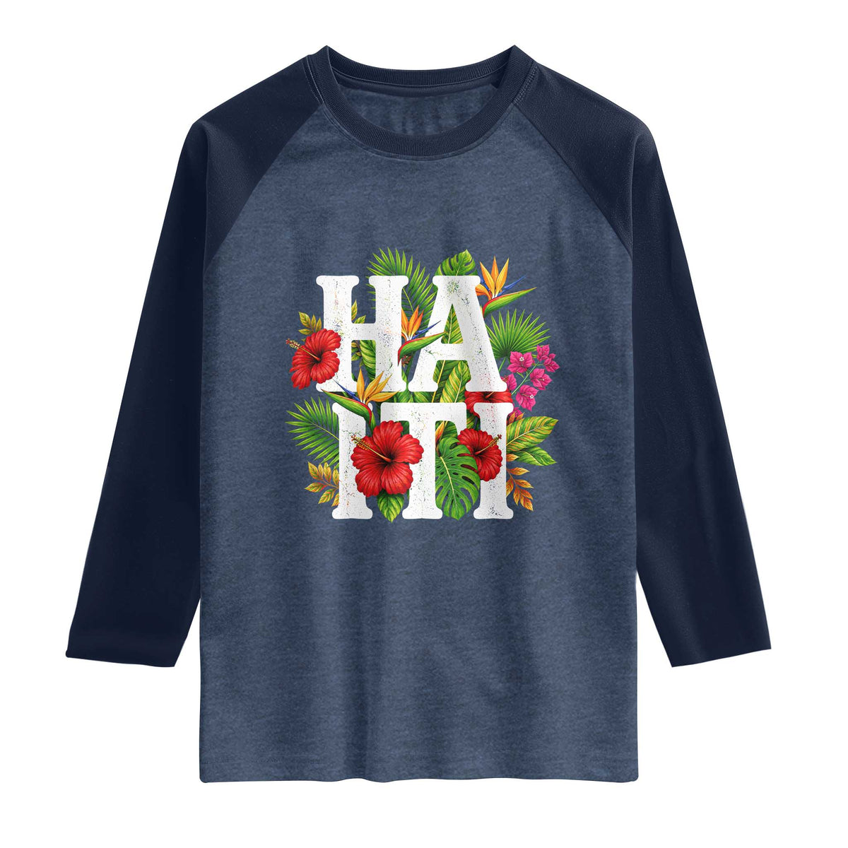 Haiti Tropical Floral Hibiscus Palm Leaves Island Graphic Raglan Shirt Haitian Heritage Pride TS02 Heather Denim Navy Print Your Wear