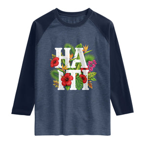 Haiti Tropical Floral Hibiscus Palm Leaves Island Graphic Raglan Shirt Haitian Heritage Pride TS02 Heather Denim Navy Print Your Wear