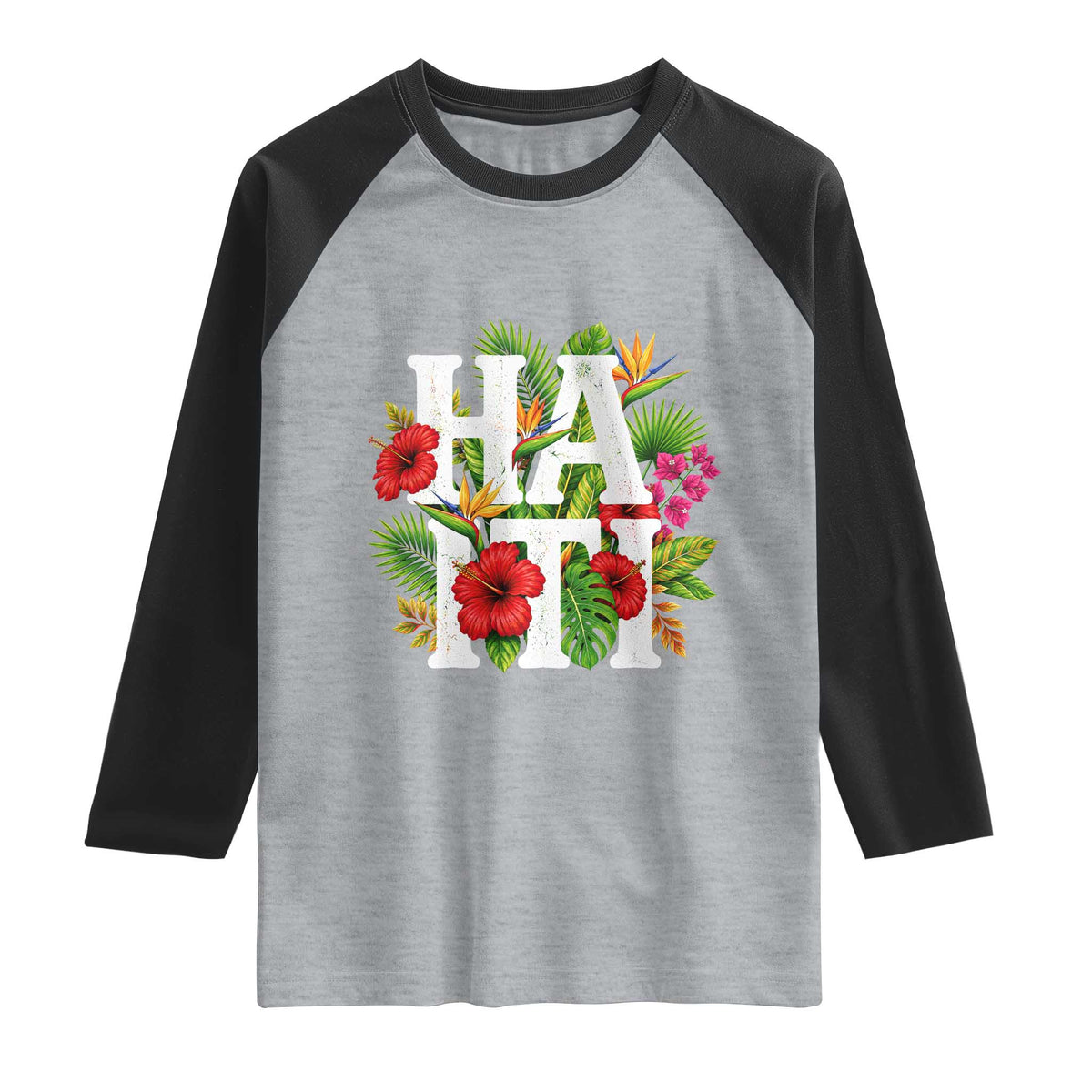 Haiti Tropical Floral Hibiscus Palm Leaves Island Graphic Raglan Shirt Haitian Heritage Pride TS02 Heather Gray Black Print Your Wear