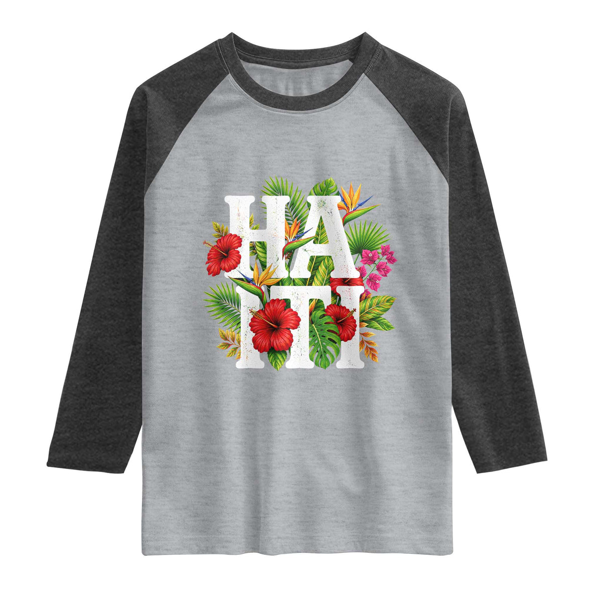 Haiti Tropical Floral Hibiscus Palm Leaves Island Graphic Raglan Shirt Haitian Heritage Pride TS02 Heather Gray Heather Charcoal Print Your Wear