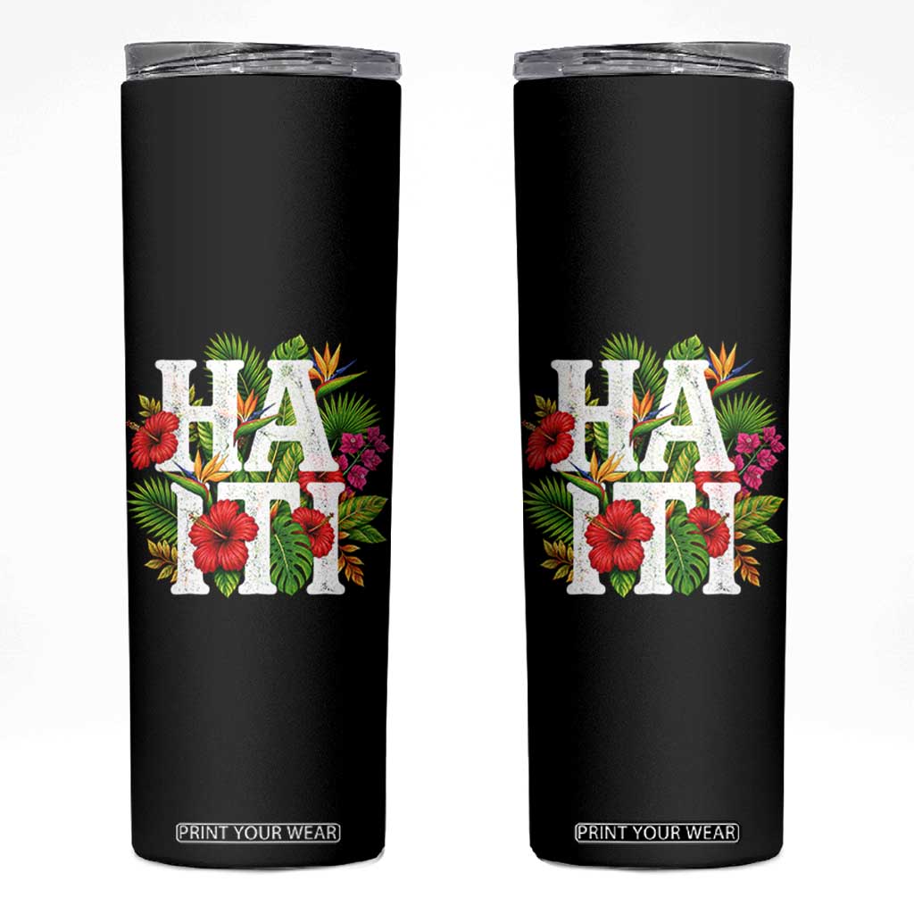 Haiti Tropical Floral Hibiscus Palm Leaves Island Graphic Skinny Tumbler Haitian Heritage Pride TS02 Black Print Your Wear