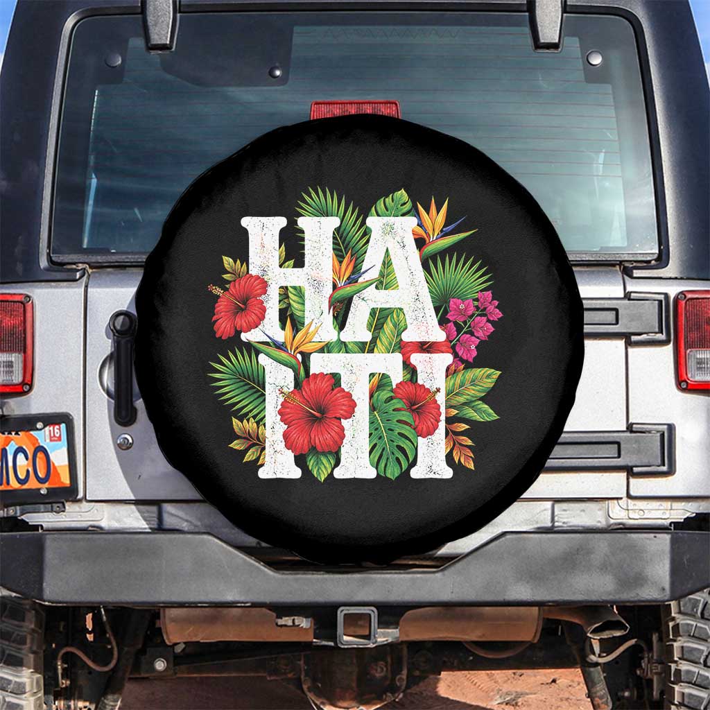 Haiti Tropical Floral Hibiscus Palm Leaves Island Graphic Spare Tire Cover Haitian Heritage Pride TS02 No hole Black Print Your Wear