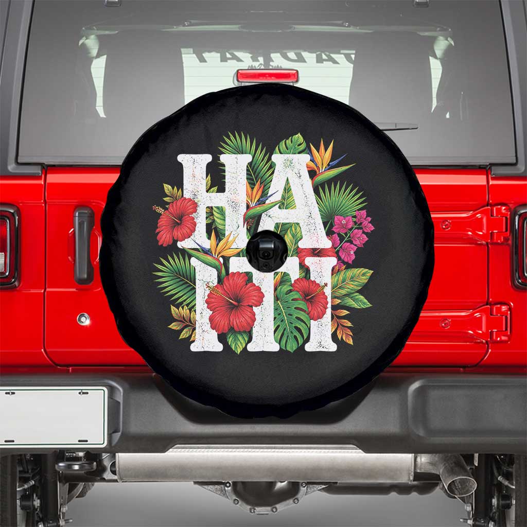 Haiti Tropical Floral Hibiscus Palm Leaves Island Graphic Spare Tire Cover Haitian Heritage Pride TS02 Black Print Your Wear