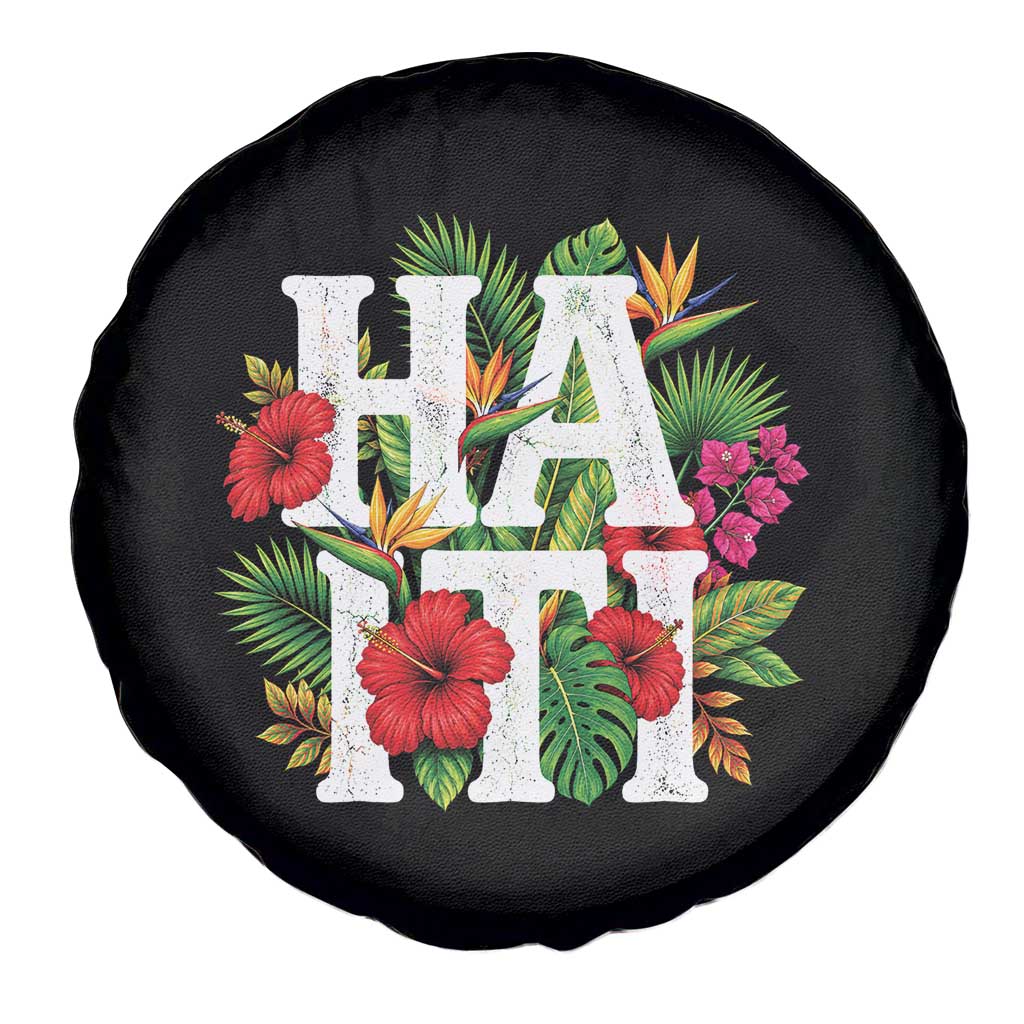 Haiti Tropical Floral Hibiscus Palm Leaves Island Graphic Spare Tire Cover Haitian Heritage Pride TS02 Print Your Wear